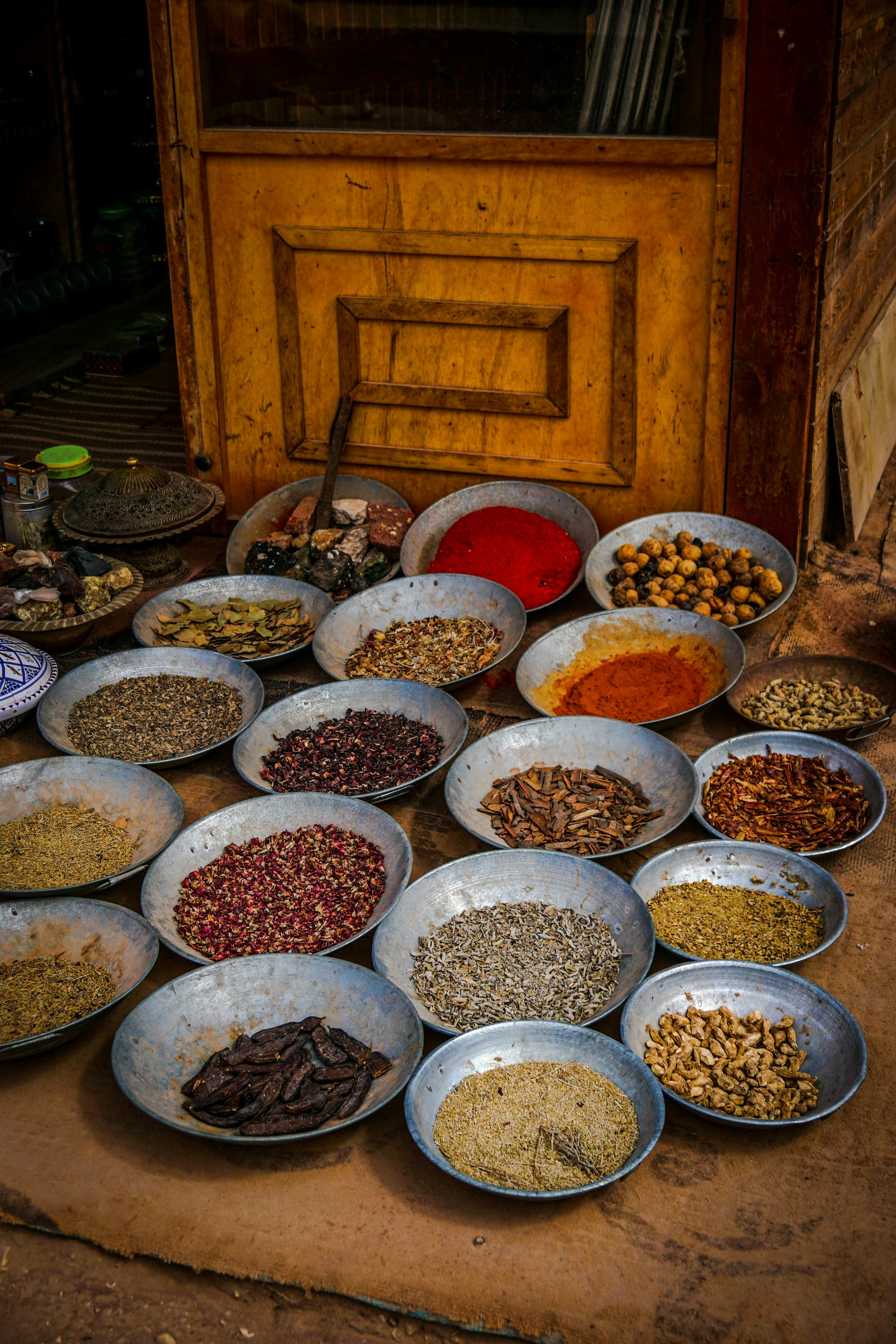 Spices displayed in bowls at an Indian market